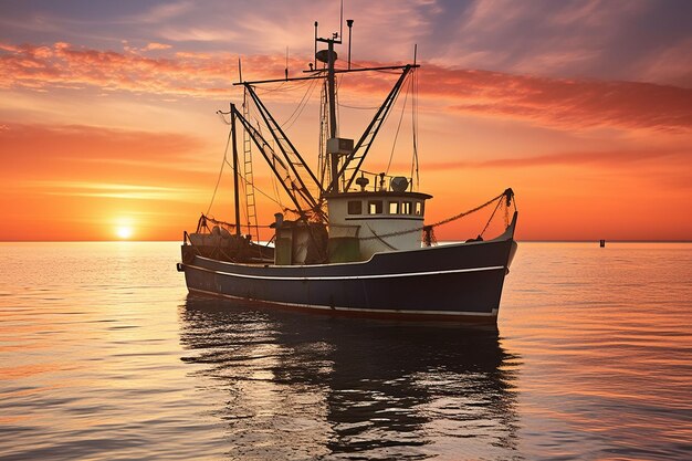 Una barca da pesca che si dirige verso il mare all'alba