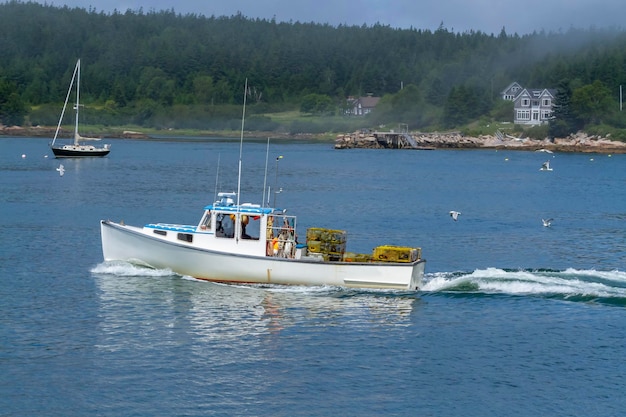 Una barca di aragoste con trappole in uscita per controllare le sue trappole