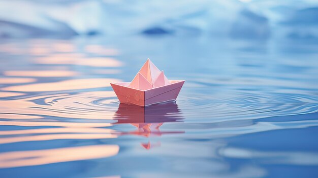 una barca di carta galleggia in un ruscello di primavera colori pastello