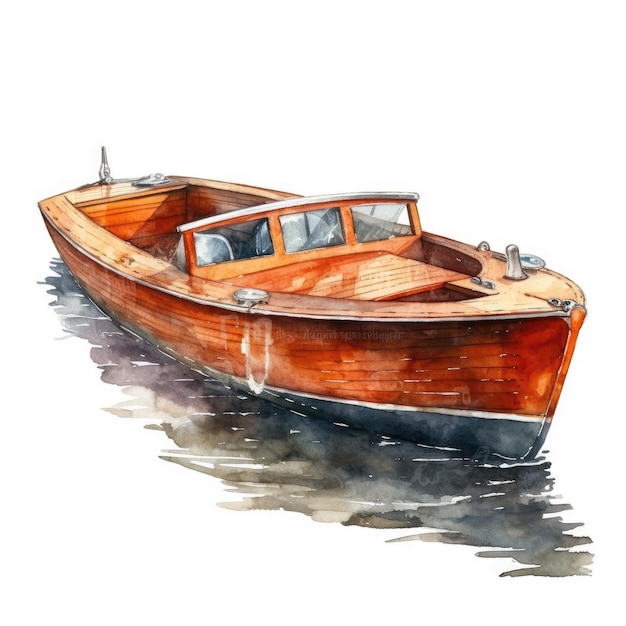 Una barca di legno ad acquerello con una finestra e il nome della barca.