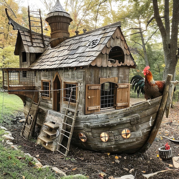 una barca di legno con una casa sul lato e una casa con un gallo sulla parte anteriore
