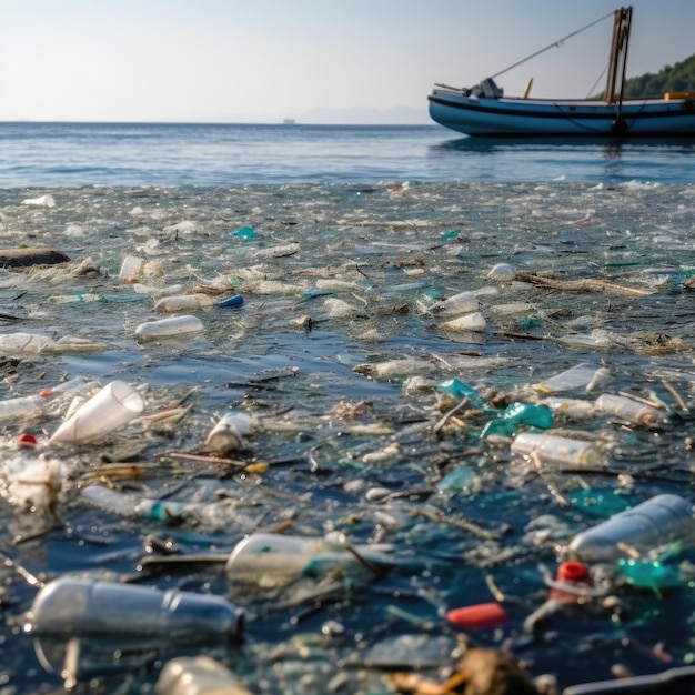 Una barca è in acqua con una barca sullo sfondo.