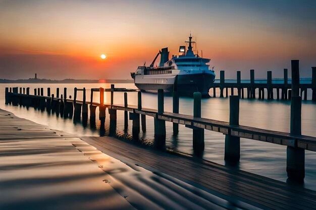 una barca è ormeggiata a un molo con il sole che tramonta dietro di lei.