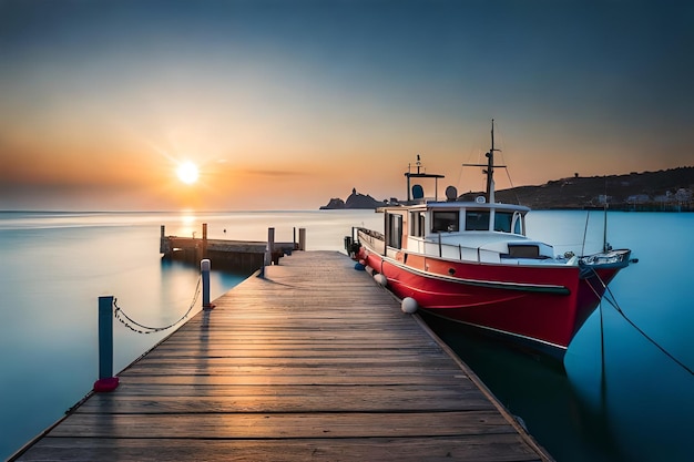 una barca è ormeggiata a un molo con un tramonto sullo sfondo.