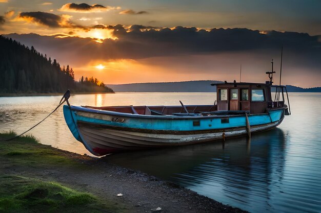 Una barca è ormeggiata in un lago con il sole che tramonta dietro di essa.