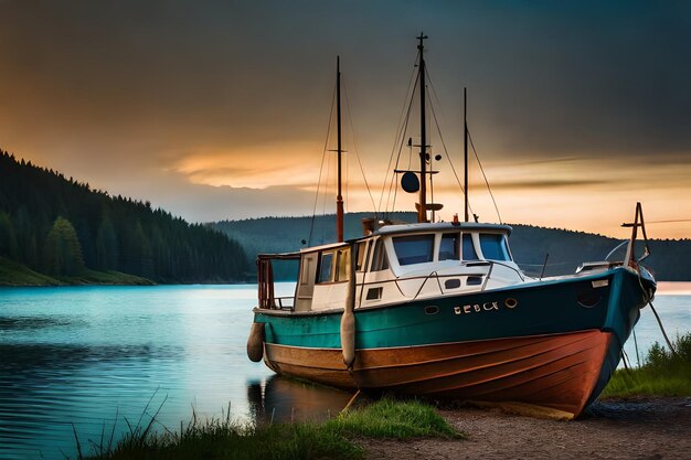 Una barca è ormeggiata in un lago con la parola " alde " sul lato.