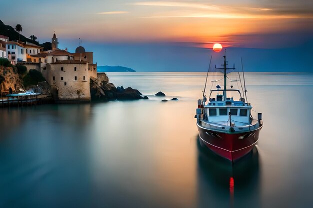 una barca è ormeggiata in un porto al tramonto.