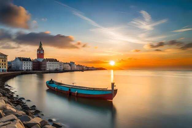 una barca è ormeggiata nell'acqua con un tramonto sullo sfondo