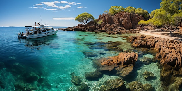 una barca è ormeggiata nell'acqua vicino a una riva rocciosa