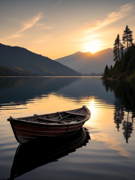 Una barca è seduta sull'acqua con il sole che tramonta dietro di essa.