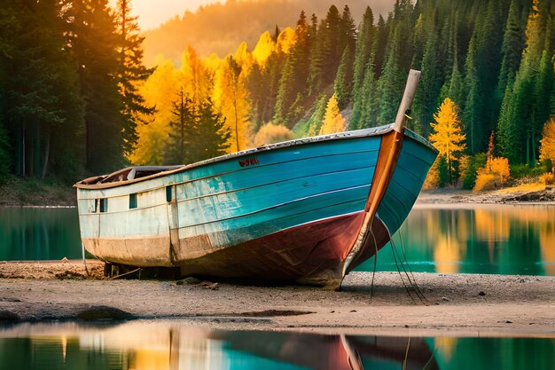 una barca è seduta sulla riva di un lago.