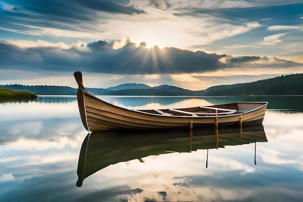 Una barca è su un lago con il sole che splende attraverso le nuvole.