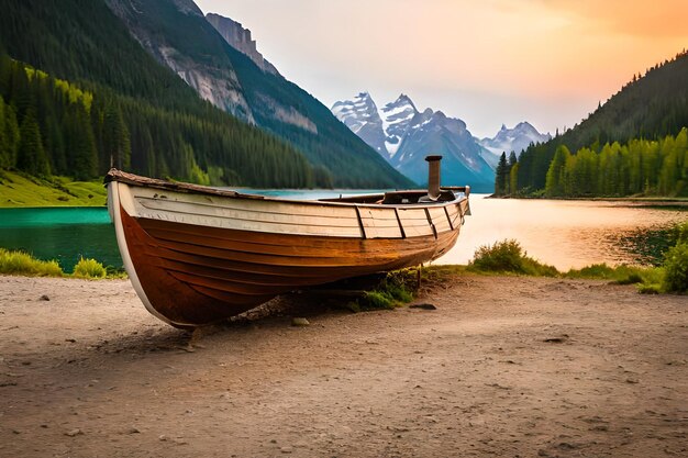 una barca è sulla riva di un lago e le montagne sullo sfondo.