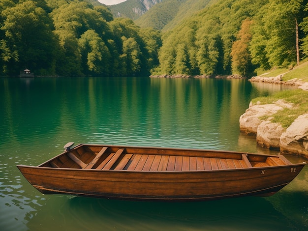 Una barca galleggia in un lago con una foresta sullo sfondo.