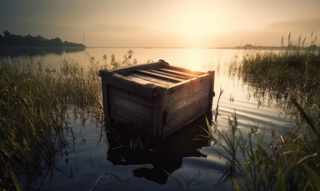 Una barca galleggia nell'acqua con il sole che tramonta dietro di essa.