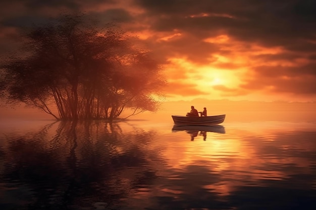 Una barca in acqua con un tramonto sullo sfondo