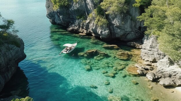 Una barca in acqua con una costa rocciosa e il mare sullo sfondo