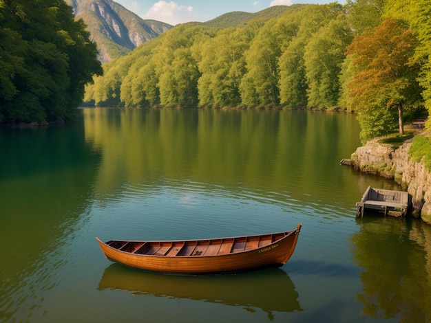 Una barca in acqua con una montagna sullo sfondo