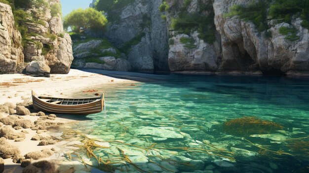 Una barca in acqua con una scogliera rocciosa sullo sfondo