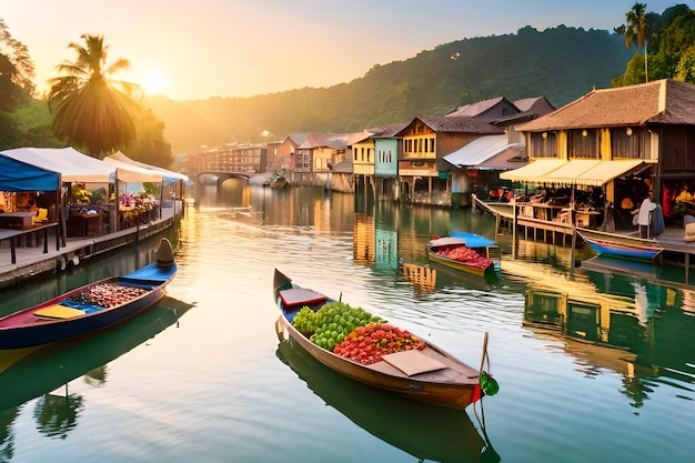 Una barca in acqua con vista sulla città di luang prabang al tramonto.