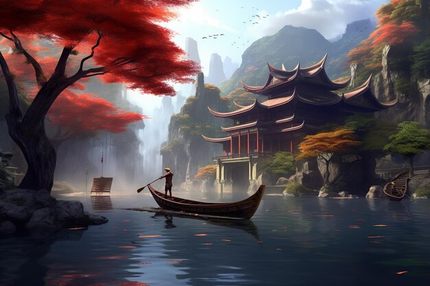 Una barca in un fiume con una casa cinese sullo sfondo