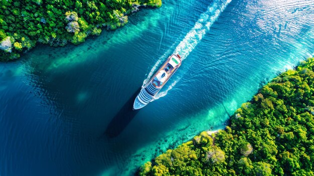 Una barca naviga lungo un fiume circondato da alberi verdi vivaci in un ambiente tropicale lussureggiante