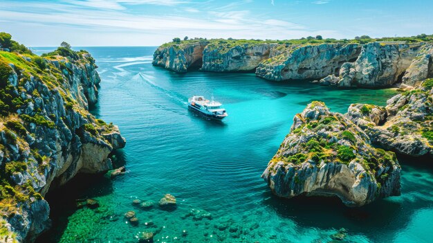 Una barca naviga nell'acqua vicino ad alcune rocce in una baia tropicale