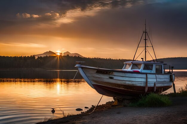 Una barca si trova sulla riva di un lago con il sole che tramonta dietro di essa.