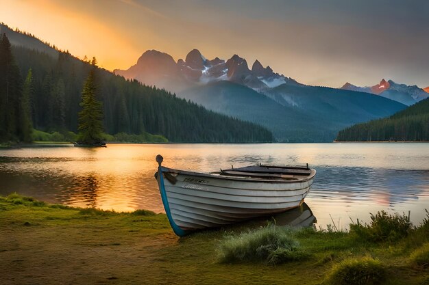 una barca si trova sulla riva di un lago con le montagne sullo sfondo.