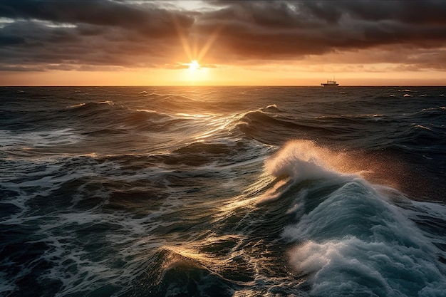 Una barca sta navigando all'orizzonte con il sole che tramonta dietro di essa.