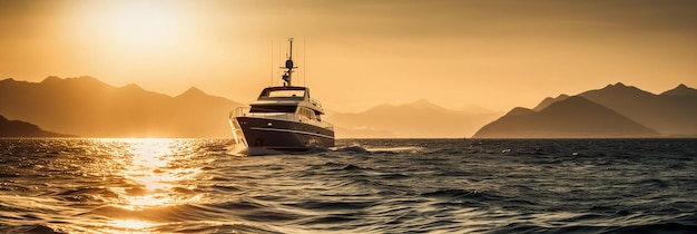 Una barca sta navigando nell'acqua con il sole che tramonta dietro di essa.