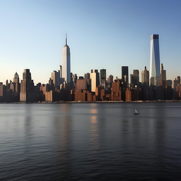 una barca sta navigando nell'acqua con lo skyline della città sullo sfondo