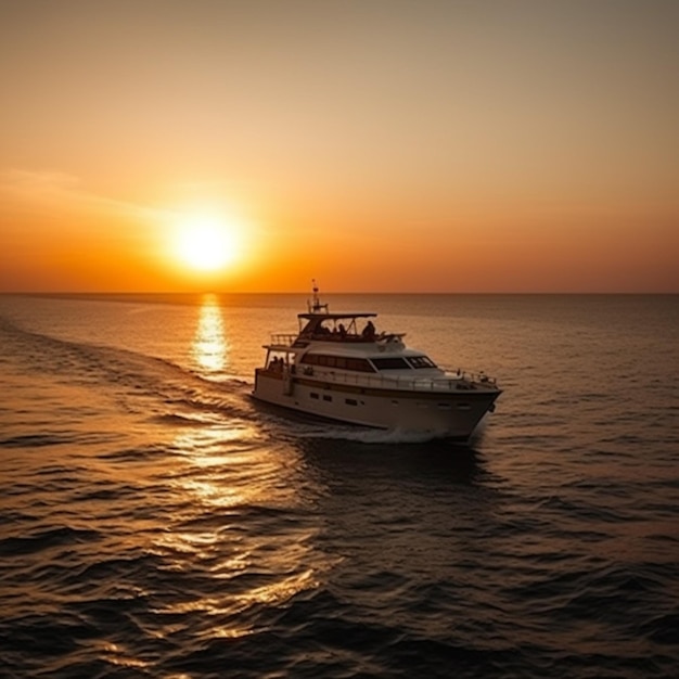 Una barca sta navigando nell'oceano con il sole che tramonta dietro di essa.