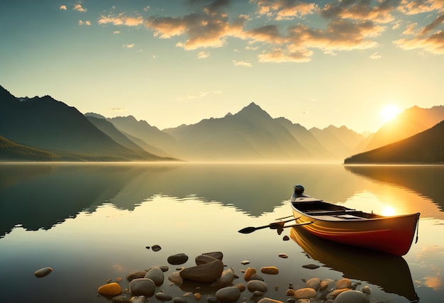 Una barca su un lago con le montagne sullo sfondo