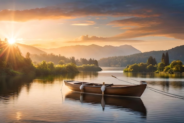 Una barca su un lago con le montagne sullo sfondo