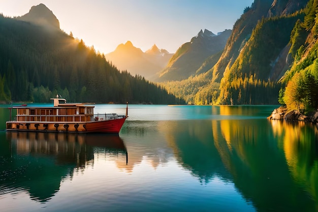 Una barca su un lago con le montagne sullo sfondo