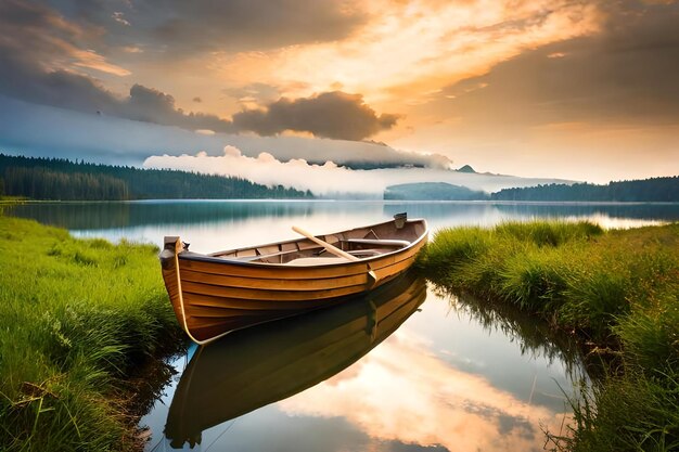 una barca su un lago con lo sfondo del tramonto