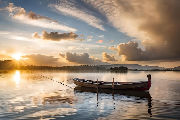 una barca su un lago con lo sfondo del tramonto