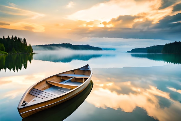 una barca su un lago con lo sfondo del tramonto