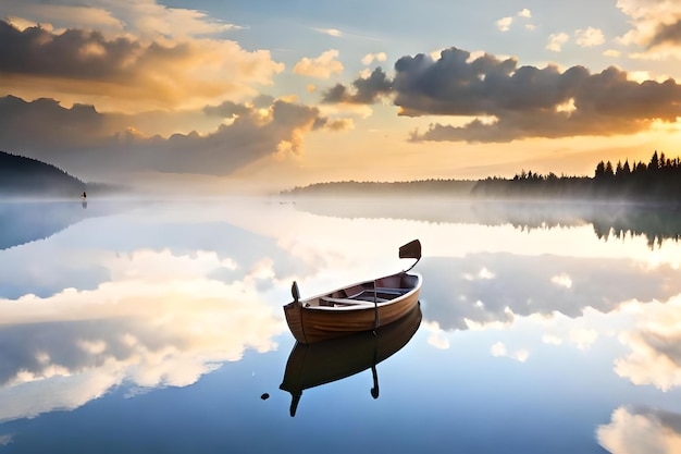 una barca su un lago con lo sfondo del tramonto