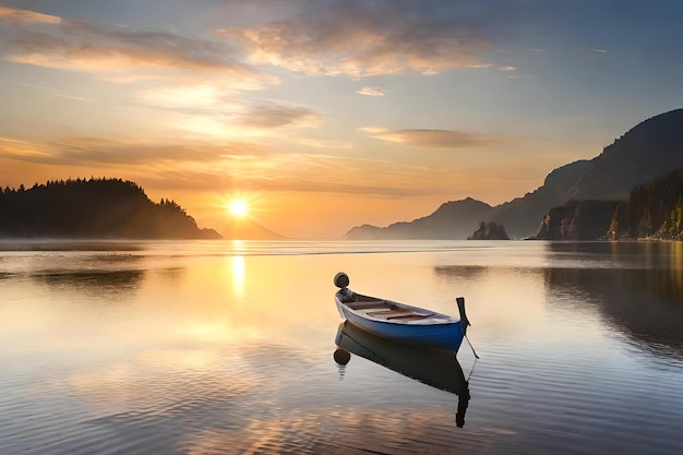 Una barca su un lago con un tramonto sullo sfondo
