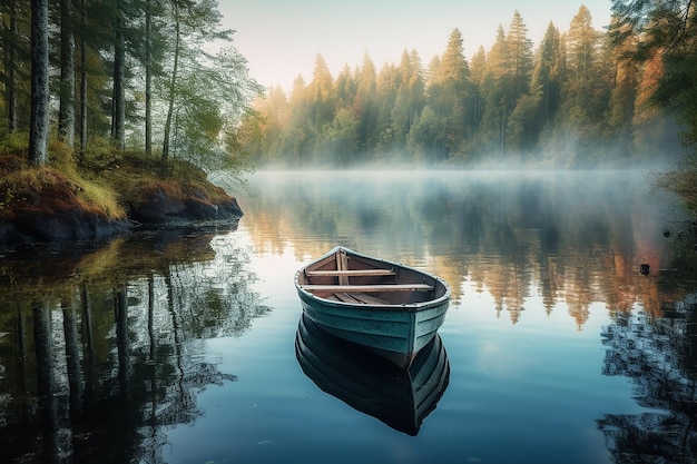 Una barca su un lago con una foresta sullo sfondo