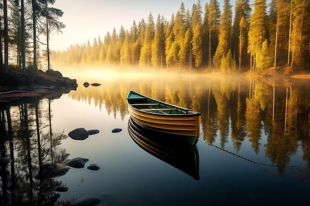 Una barca su un lago con una foresta sullo sfondo