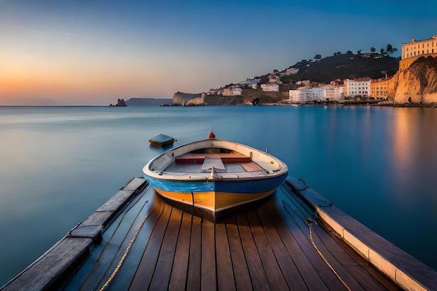 Una barca su un molo al tramonto