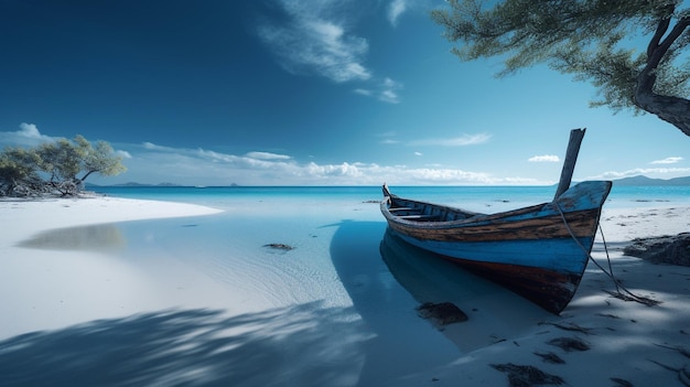 Una barca su una spiaggia con un cielo blu e il sole splende.