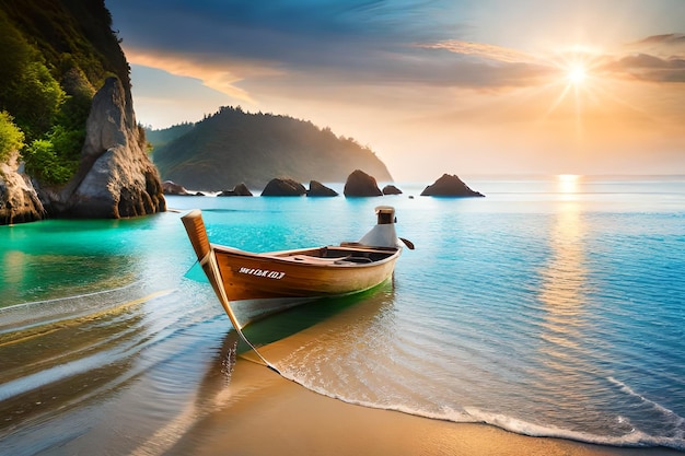 Una barca su una spiaggia con un tramonto sullo sfondo