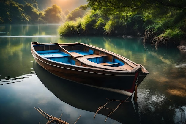 Una barca sul fiume con uno sfondo al tramonto
