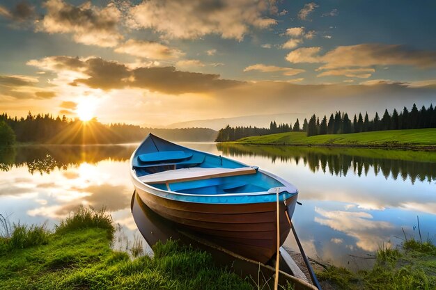 una barca sul lago con lo sfondo del tramonto