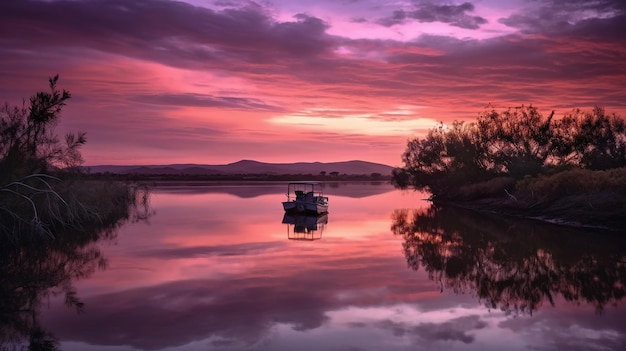 Una barca sull'acqua con un cielo viola e il sole che si riflette sull'acqua.