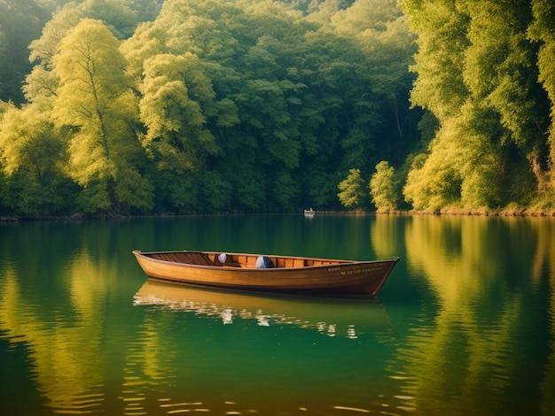 Una barca sull'acqua con una foresta verde sullo sfondo